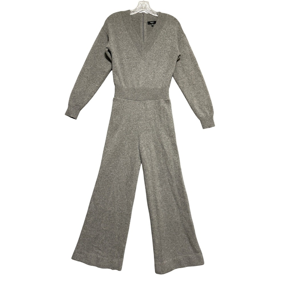 Theory Jumpsuit Women Petite Gray Wool Cashmere V-Neck Wide Leg Airy Knit Cozy